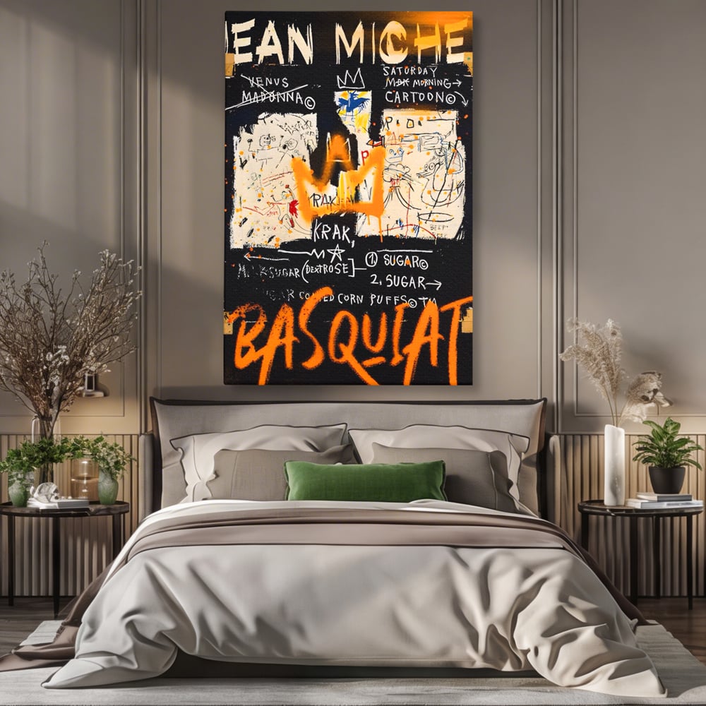 Tablou canvas cu tablou canvas cu arta graffiti jean-michel basquiat, fara rama, pe sasiu de lemn, pe perete intr-un dormitor